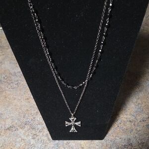 Elegant Silver Cross Pendant Necklace. Black Beads Beautiful
